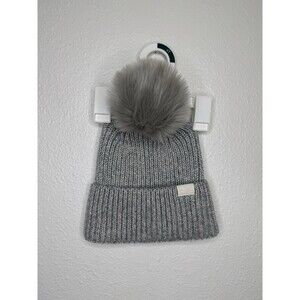 The North Face Airspun Pom Beanie Hat Womens TNF Light Grey Heather Faux Fur EUC